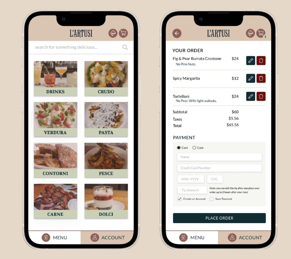 L'Artusi Dine-In app screens